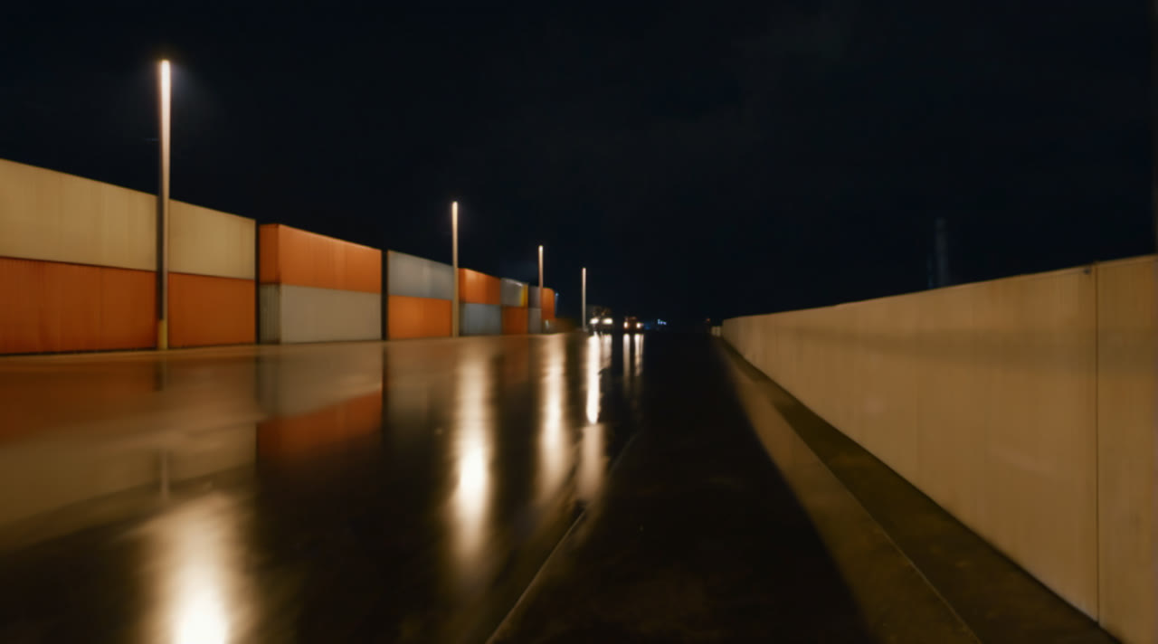 Concept keyframe: an empty wet port road at night